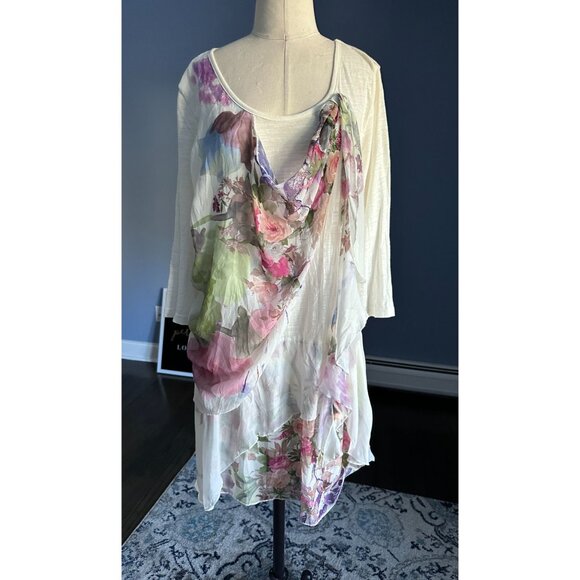 Tunic length 3/4 sleeve white top with colorful tiered front with floral fabric - Picture 1 of 6
